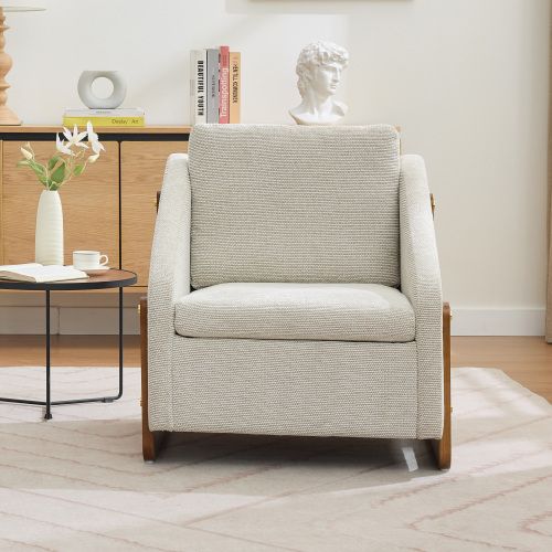 Fauteuil En Tissu Chenille Avec Coussin De Dossier, Pieds En Bois, Beige