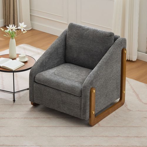 Fauteuil En Tissu Chenille Avec Coussin De Dossier, Pieds En Bois, Gris