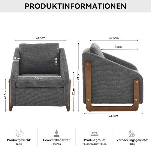 Fauteuil En Tissu Chenille Avec Coussin De Dossier, Pieds En Bois, Gris