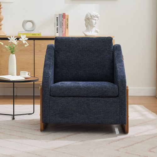 Fauteuil En Tissu Chenille Avec Coussin De Dossier, Pieds En Bois, Bleu