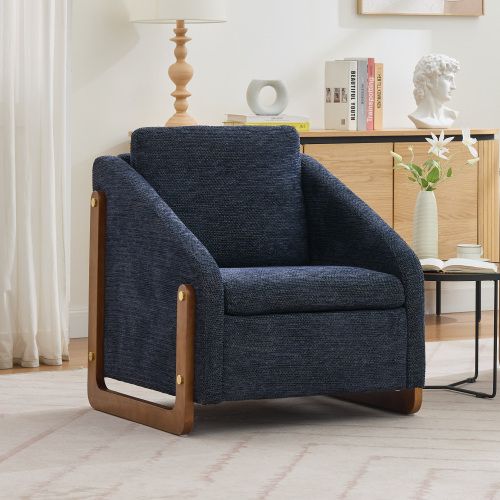 Fauteuil En Tissu Chenille Avec Coussin De Dossier, Pieds En Bois, Bleu