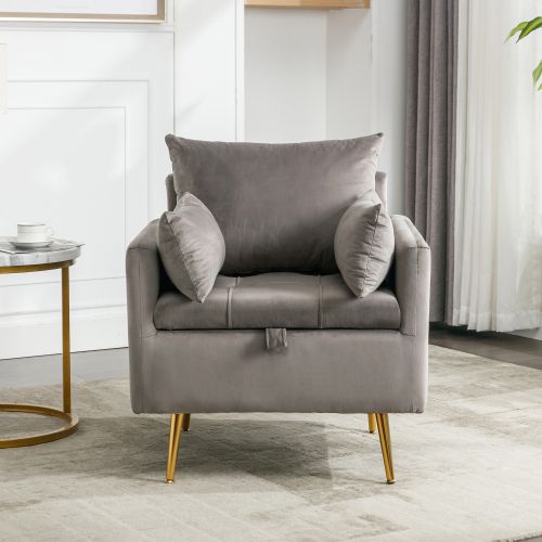 Fauteuil En Velours Avec Rangement, Coussin Et Accoudoirs, Pieds En Métal Doré, Gris