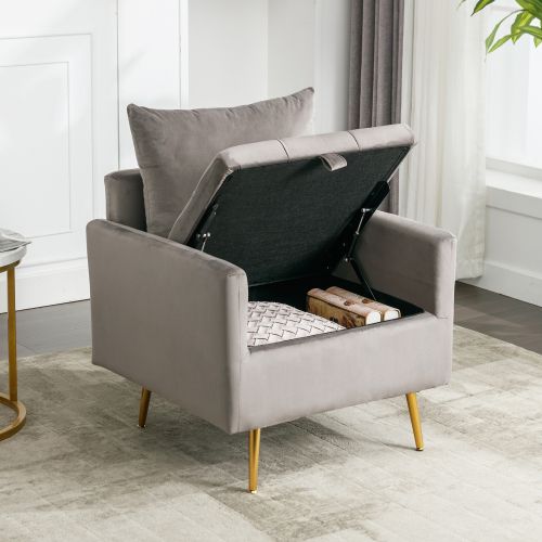 Fauteuil En Velours Avec Rangement, Coussin Et Accoudoirs, Pieds En Métal Doré, Gris
