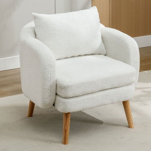 Fauteuil En Tissu Teddy Avec Coussins De Dossier Et D'assise, Pieds En Bois, Blanc