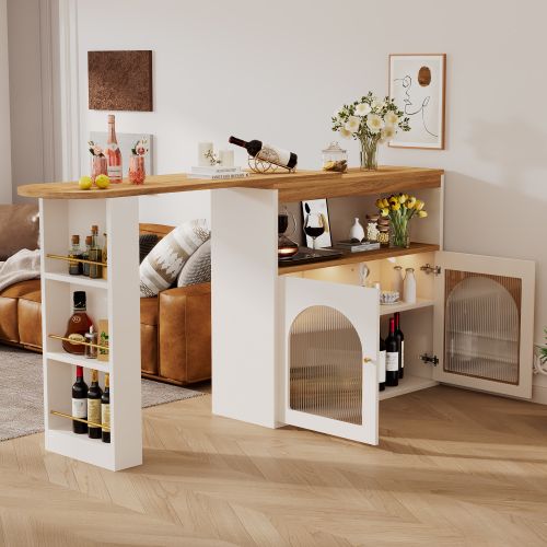Table à Manger Extensible Rotative Blanche Avec 2 Portes, Rangements Ouverts, Bande Lumineuse LED