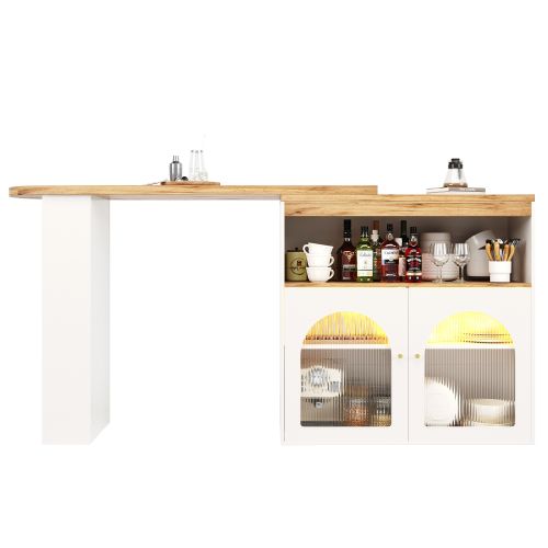 Table à Manger Extensible Rotative Blanche Avec 2 Portes, Rangements Ouverts, Bande Lumineuse LED
