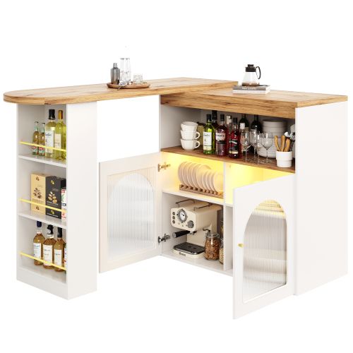 Table à Manger Extensible Rotative Blanche Avec 2 Portes, Rangements Ouverts, Bande Lumineuse LED
