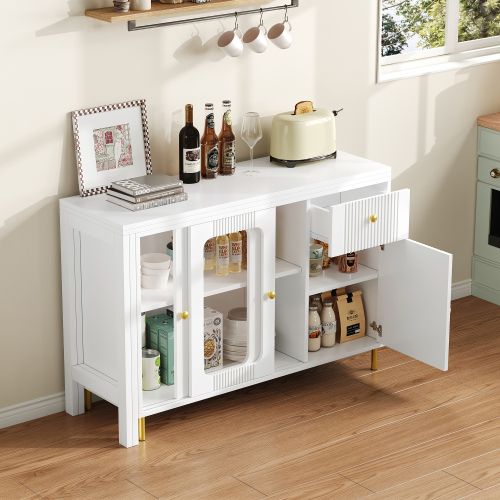 Table à Manger Blanche Avec Plateau Pliable Et Rotative, 2 Portes Coulissantes En Verre, Tiroir