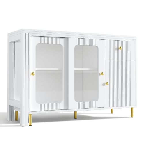 Table à Manger Blanche Avec Plateau Pliable Et Rotative, 2 Portes Coulissantes En Verre, Tiroir