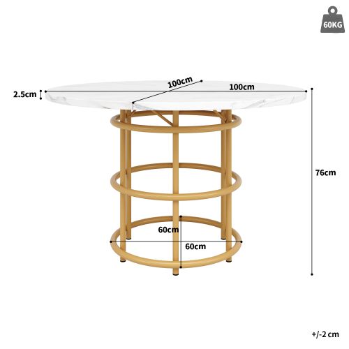 Table à Manger Ronde Avec Panneau Blanc, En Placage De Marbre, Pieds De Table En Métal Doré