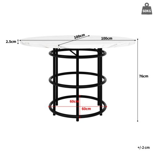 Table à Manger Ronde Avec Panneau Blanc, En Placage De Marbre, Pieds De Table En Métal Noir