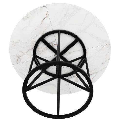 Table à Manger Ronde Blanche, Pieds De Table Géométriques En Métal Noir, En Placage De Marbre