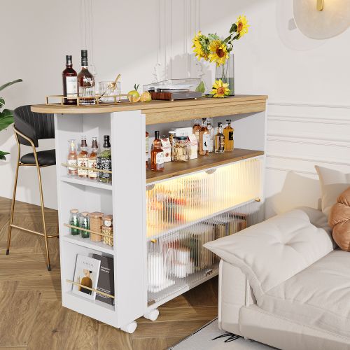 Table De Bar Extensible Blanche Avec LED, 2 Portes Et 4 Rangements Ouverts, Plateau Couleur Bois