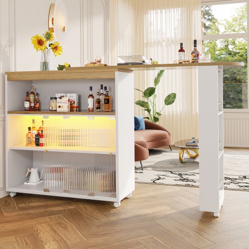 Table De Bar Extensible Blanche Avec LED, 2 Portes Et 4 Rangements Ouverts, Plateau Couleur Bois