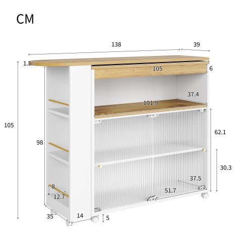Table De Bar Extensible Blanche Avec LED, 2 Portes Et 4 Rangements Ouverts, Plateau Couleur Bois