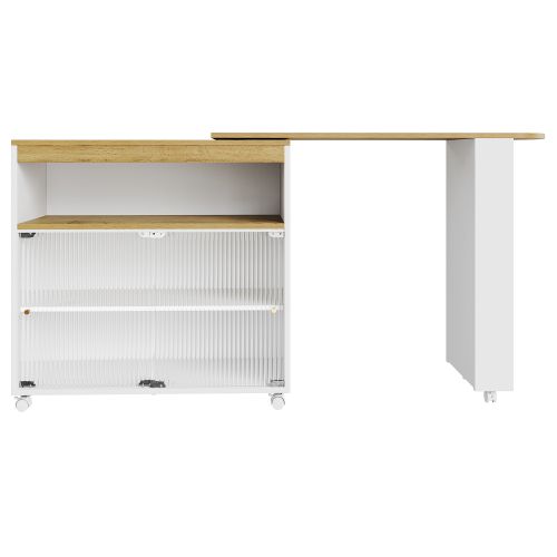 Table De Bar Extensible Blanche Avec LED, 2 Portes Et 4 Rangements Ouverts, Plateau Couleur Bois