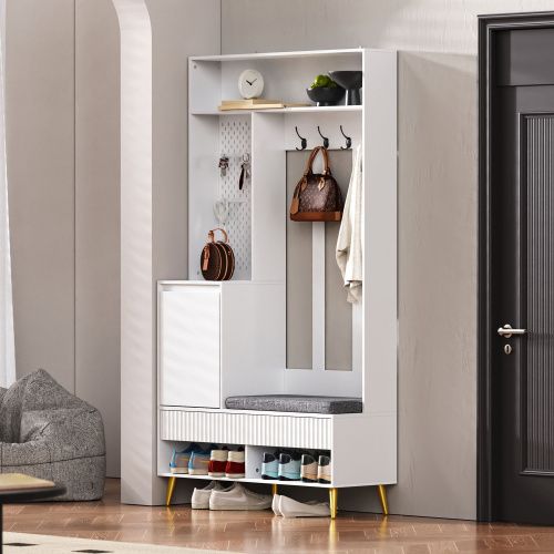 Vestiaire D'entrée Avec Coussin D'assise, 4 Crochets, 2 Tiroirs Et 1 Porte, Planche à Clous, Blanc