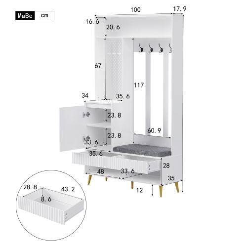 Vestiaire D'entrée Avec Coussin D'assise, 4 Crochets, 2 Tiroirs Et 1 Porte, Planche à Clous, Blanc
