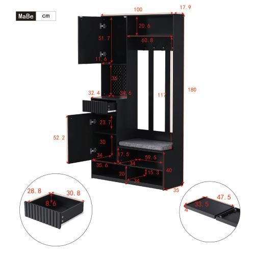 Vestiaire D'entrée Avec Coussin D'assise, 4 Crochets, Des Rangemtns, Planche à Clous, Noir