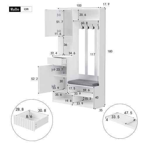 Vestiaire D'entrée Avec Coussin D'assise, 4 Crochets, Des Rangemtns, Planche à Clous, Blanc