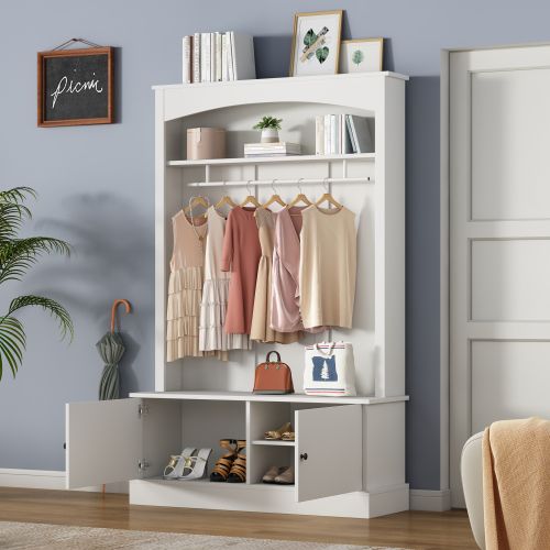 Vestiaire D'entrée Avec Armoire à Chaussures, Rangement Ouvert Et Tringle à Vêtements, Blanc