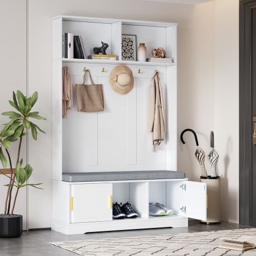 Vestiaire D'entrée Avec Armoire à Chaussures, 6 Crochets, Rangements Ouverts, Blanc