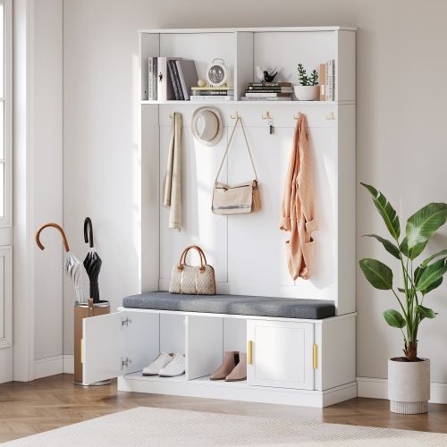 Vestiaire D'entrée Avec Armoire à Chaussures, 6 Crochets, Rangements Ouverts, Blanc