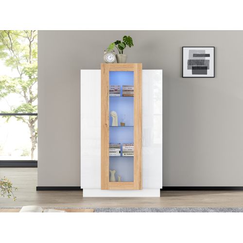 Vitrine Moderne Blanche Brillante 74x40x120cm Avec Éclairage LED, Étagères En Verre, 3 Portes