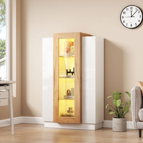 Vitrine Moderne Blanche Brillante 74x40x120cm Avec Éclairage LED, Étagères En Verre, 3 Portes