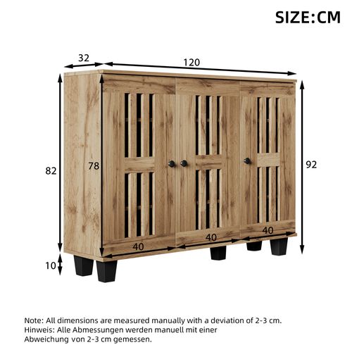 Buffet 120x32x92cm, 3 Portes, 8 Compartiments, Panneaux De Particules, Couleur Bois