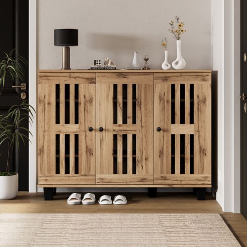 Buffet 120x32x92cm, 3 Portes, 8 Compartiments, Panneaux De Particules, Couleur Bois