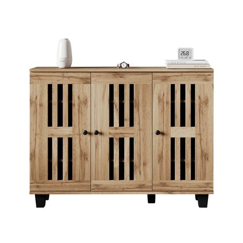 Buffet 120x32x92cm, 3 Portes, 8 Compartiments, Panneaux De Particules, Couleur Bois