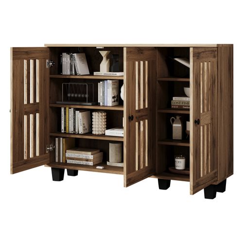 Buffet 120x32x92cm, 3 Portes, 8 Compartiments, Panneaux De Particules, Couleur Bois
