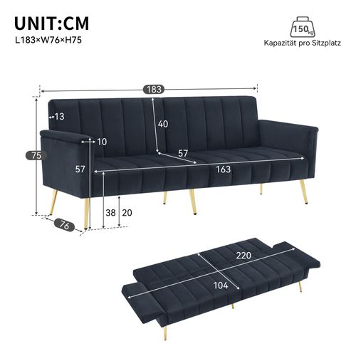 Canapé Convertible 2 Places En Velours Noir 183 cm Avec Accoudoirs Réglables
