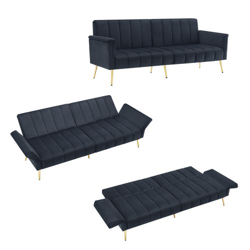 Canapé Convertible 2 Places En Velours Noir 183 cm Avec Accoudoirs Réglables
