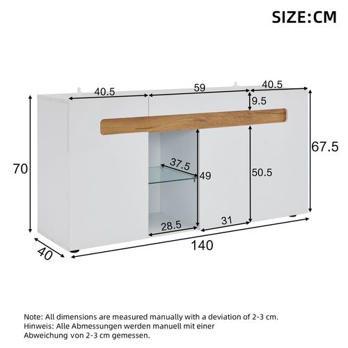 Buffet LED 140cm Blanc Laqué Et Bois 3 Portes Et 2 Niches Avec Éclairage