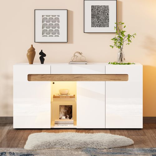 Buffet LED 140cm Blanc Laqué Et Bois 3 Portes Et 2 Niches Avec Éclairage