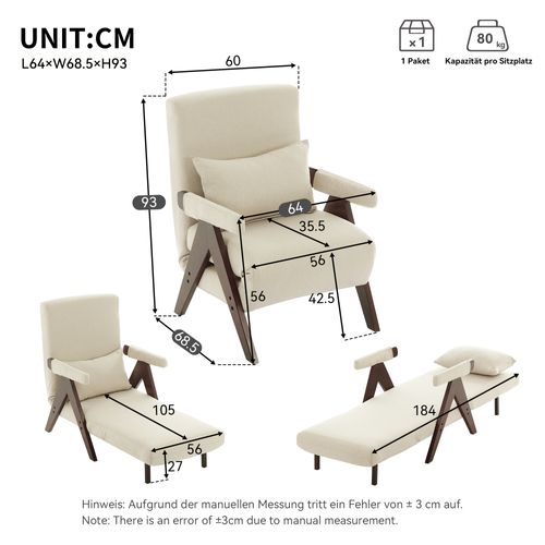 Fauteuil Convertible 3-en-1 En Lin Beige Réglable Avec Coussin
