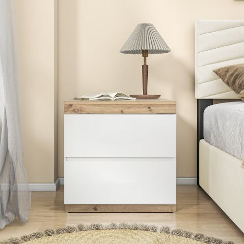 Table De Chevet Avec 2 Tiroirs, Surface Couleur Bois, Blanc