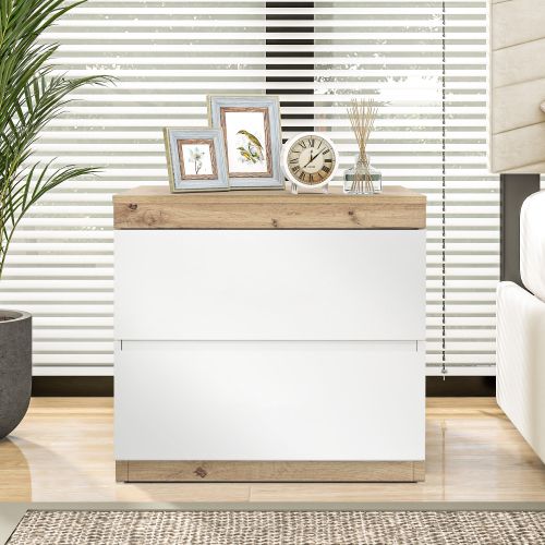 Table De Chevet Avec 2 Tiroirs, Surface Couleur Bois, Blanc