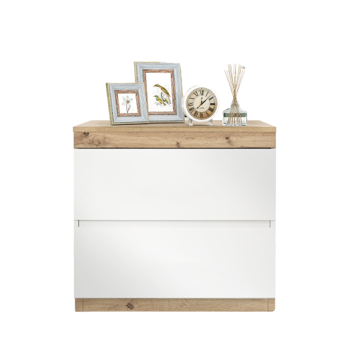 Table De Chevet Avec 2 Tiroirs, Surface Couleur Bois, Blanc