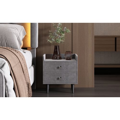 Table De Chevet En Velours Gris Avec 2 Tiroirs, Avec Poignée En Métal, Pieds En Bois