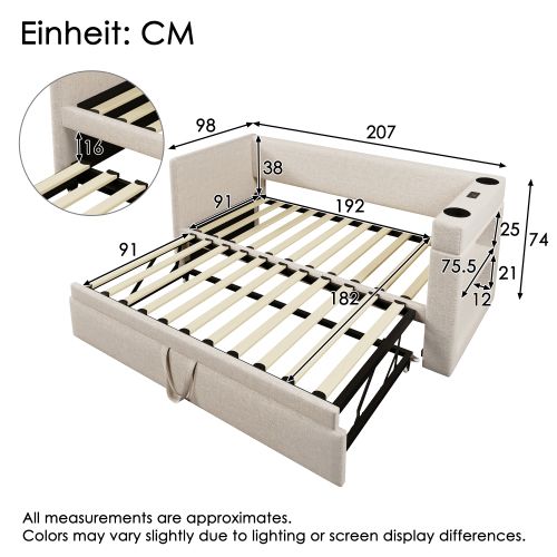 Lit Gigogne Enfant 90x190 Cm Avec Port De Charge Et Porte-gobelets, Beige