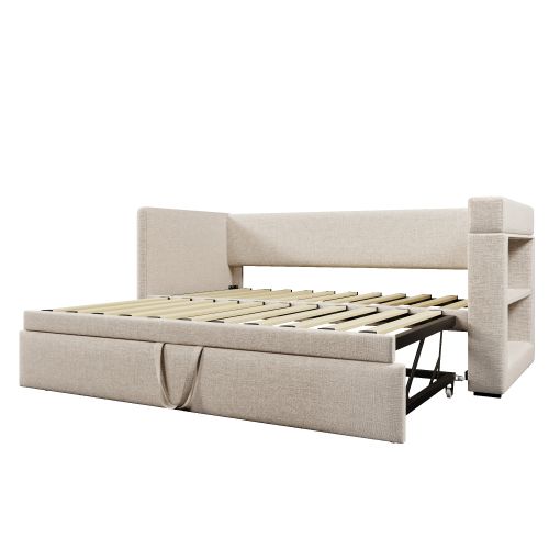 Lit Gigogne Enfant 90x190 Cm Avec Port De Charge Et Porte-gobelets, Beige