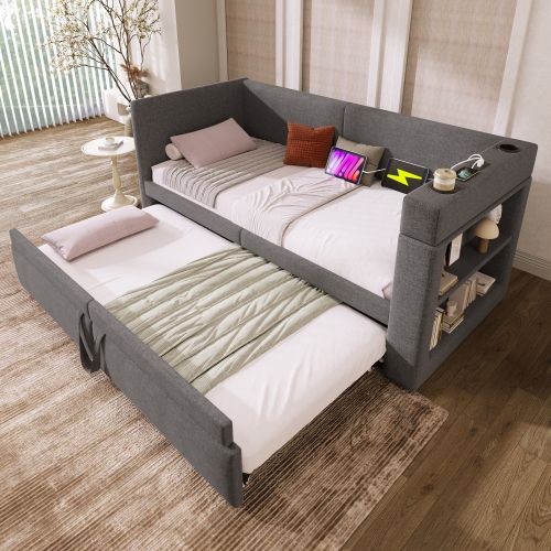 Lit Gigogne Enfant 90x200 Cm Avec Port De Charge Et Porte-gobelets, Gris