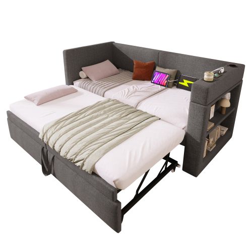 Lit Gigogne Enfant 90x200 Cm Avec Port De Charge Et Porte-gobelets, Gris