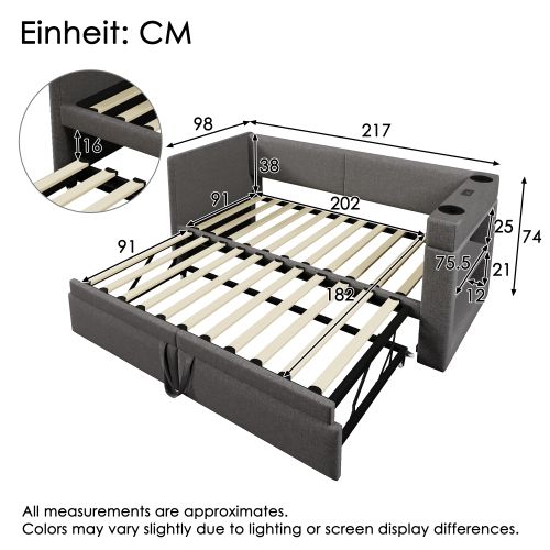 Lit Gigogne Enfant 90x200 Cm Avec Port De Charge Et Porte-gobelets, Gris