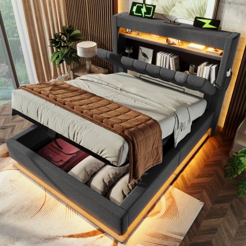 Lit Coffre 90x200 Cm, Lit Enfant Avec LED, Port De Charge, Des Rangements, Gris