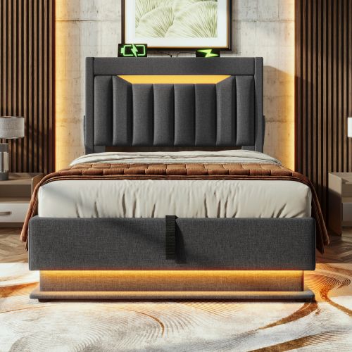 Lit Coffre 90x200 Cm, Lit Enfant Avec LED, Port De Charge, Des Rangements, Gris