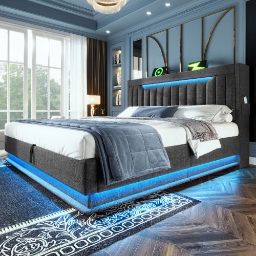 Lit Coffre 140x200 Cm, Lit Adulte Avec LED, Port De Charge, Des Rangements, Gris